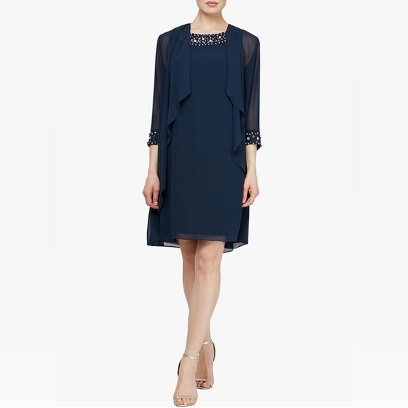 Women’s Formal Dress Sz 14 Navy Chiffon Beaded Long Sleeve 2-Pc Jacket Dress NWT - Picture 2 of 5